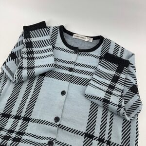 Karen‎ Lessly Womens Cardigan Sweater Light Blue Black Plaid Knit Button Front M